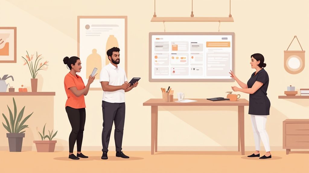 Équipe de vente souriante et collaborative dans un magasin moderne