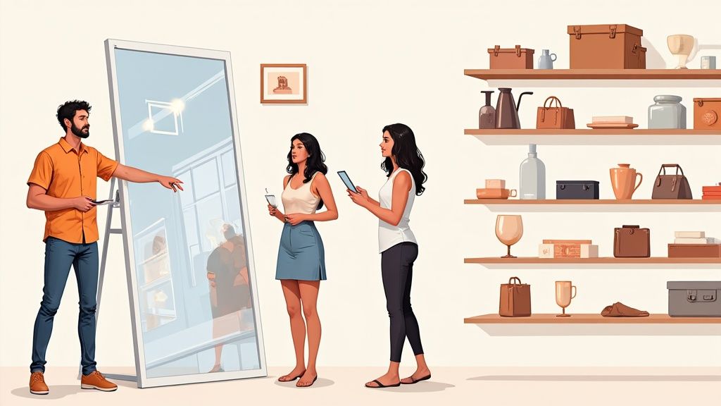 Une cliente interagit avec un écran tactile dans un magasin moderne, illustrant le concept phygital