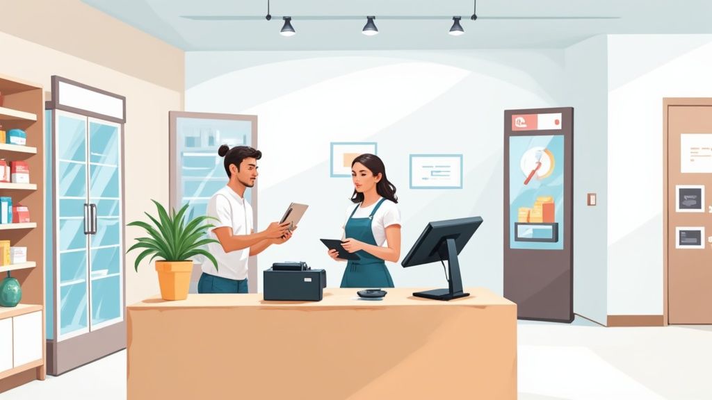 Un vendeur utilise une tablette pour aider un client dans un magasin moderne