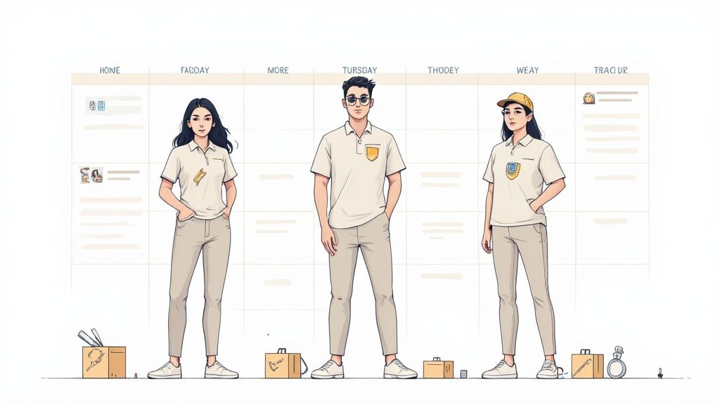 Une personne écrivant sur un calendrier mural, planifiant les étapes d'un projet.