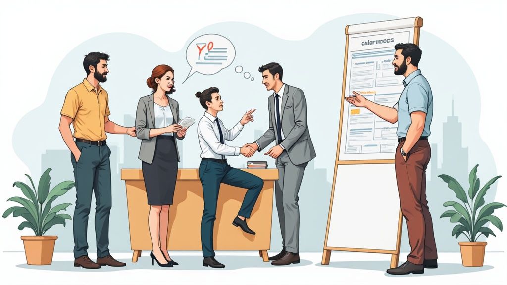 Un animateur commercial engage une conversation avec des clients devant un stand bien approvisionné en grande surface.