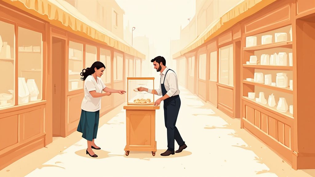 Un animateur commercial souriant présente des produits dans une grande surface