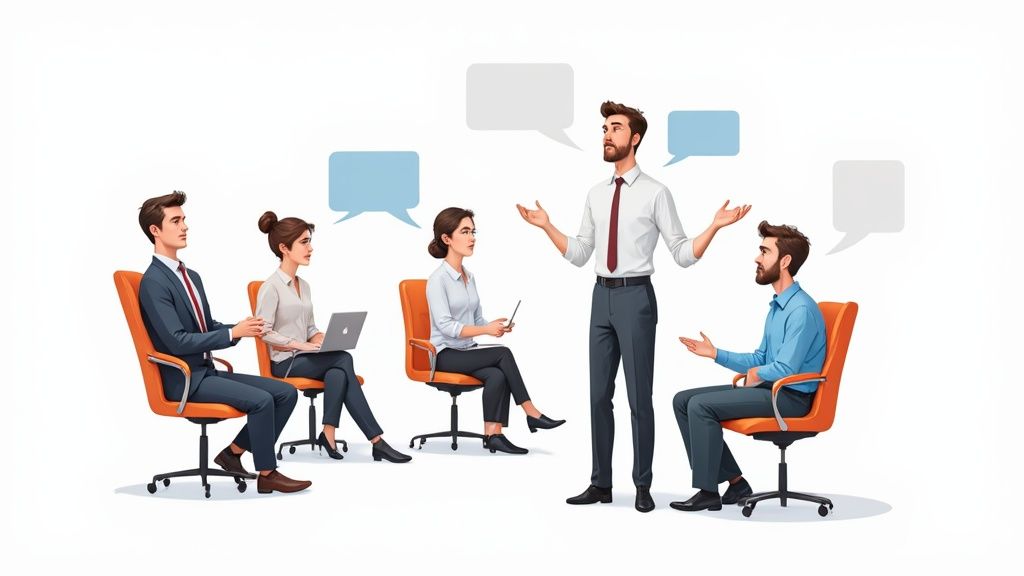 Manager écoutant attentivement un membre de son équipe dans un café