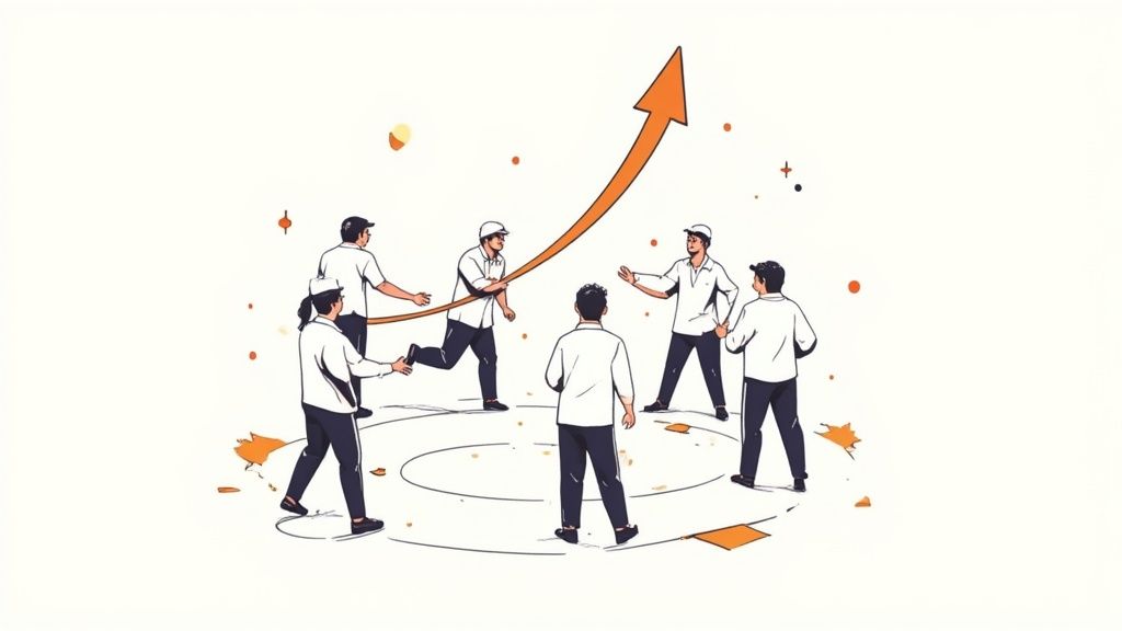 Équipe souriante discutant dans un bureau moderne