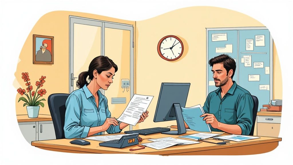 Un empleado del sector retail revisando su finiquito en una tablet.