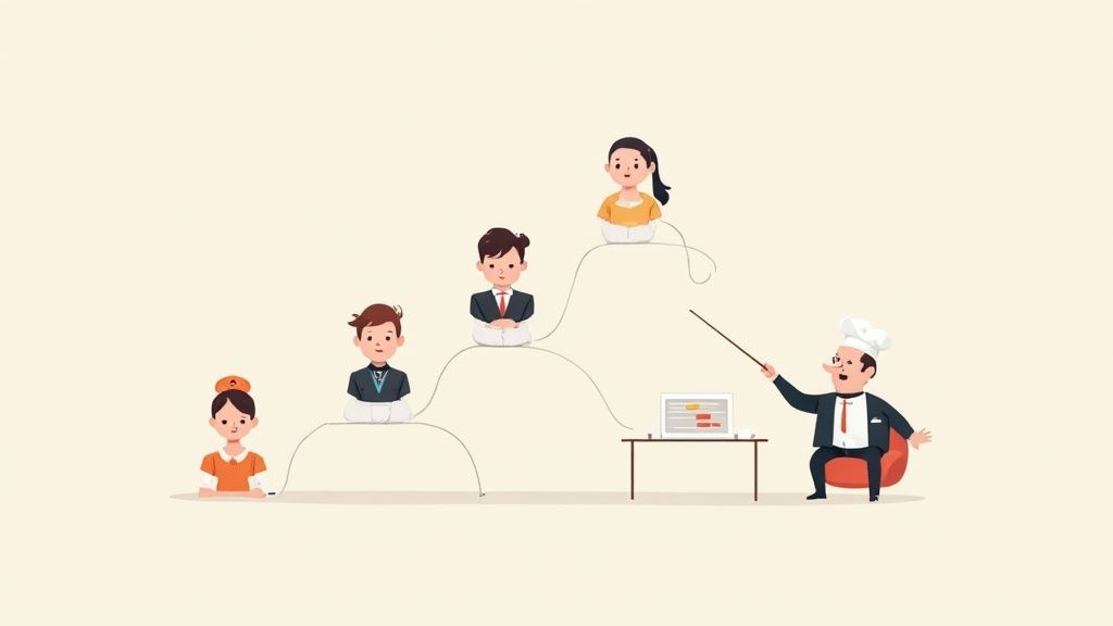 Un chef d'orchestre dirigeant son orchestre, symbolisant un logiciel de planning qui coordonne une équipe de restaurant.