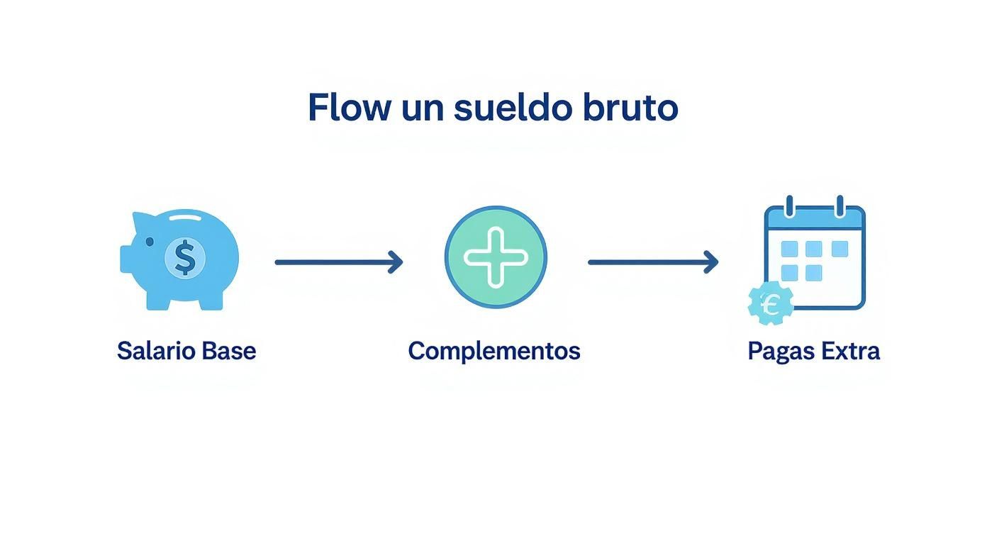 Infografía que muestra el flujo de cómo el Salario Base, los Complementos y las Pagas Extra se suman para formar el sueldo bruto.