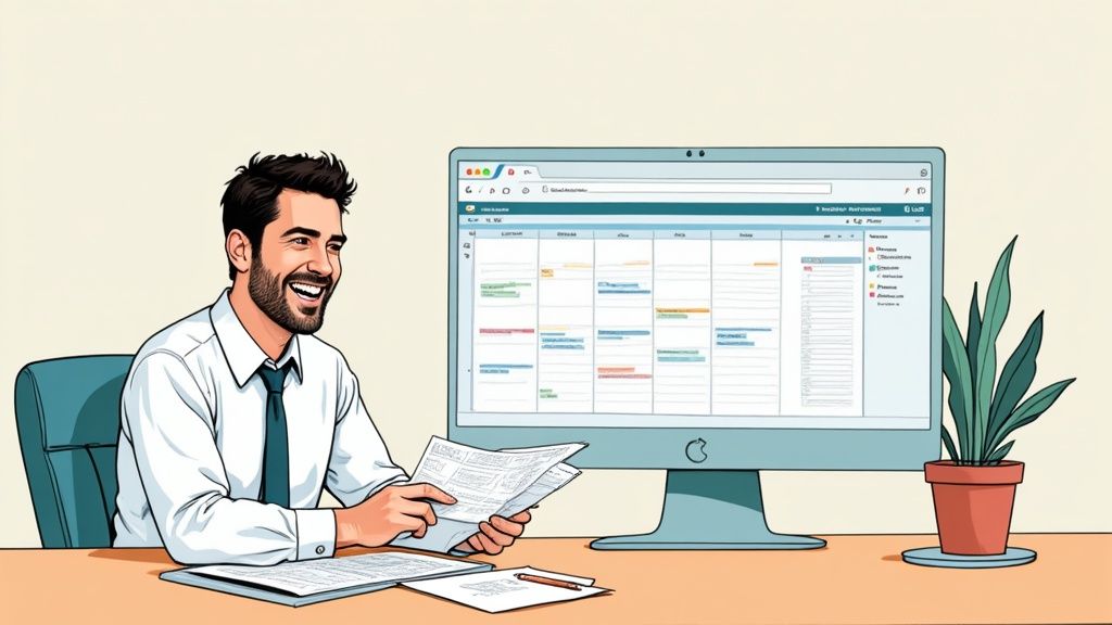 Un manager travaillant sur un ordinateur portable avec des graphiques de planification à l'écran, dans un environnement de bureau moderne.