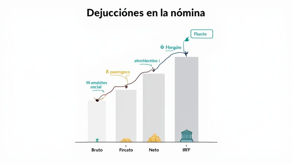 Una sección de una nómina que muestra las deducciones por IRPF y Seguridad Social.