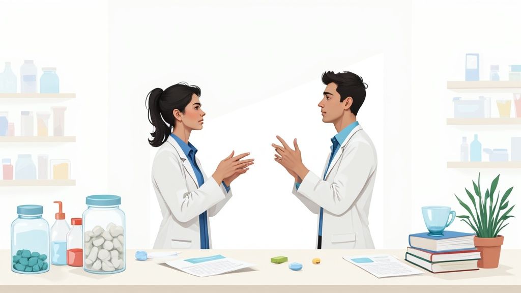 Un pharmacien utilisant une tablette pour gérer les opérations de l'officine