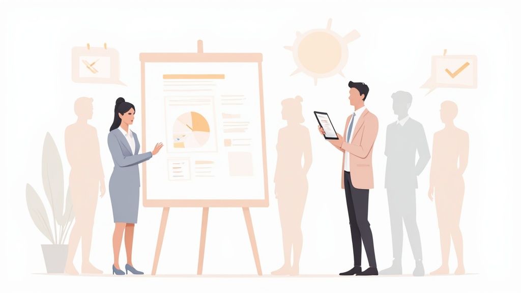 Un gerente explicando a un empleado cómo usar un sistema de fichaje en una tablet.