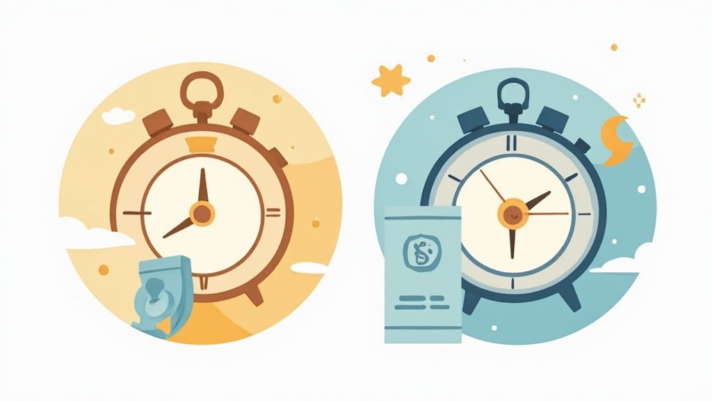 Una persona trabajando de noche en un entorno de hostelería o retail, con un reloj visible en la pared.