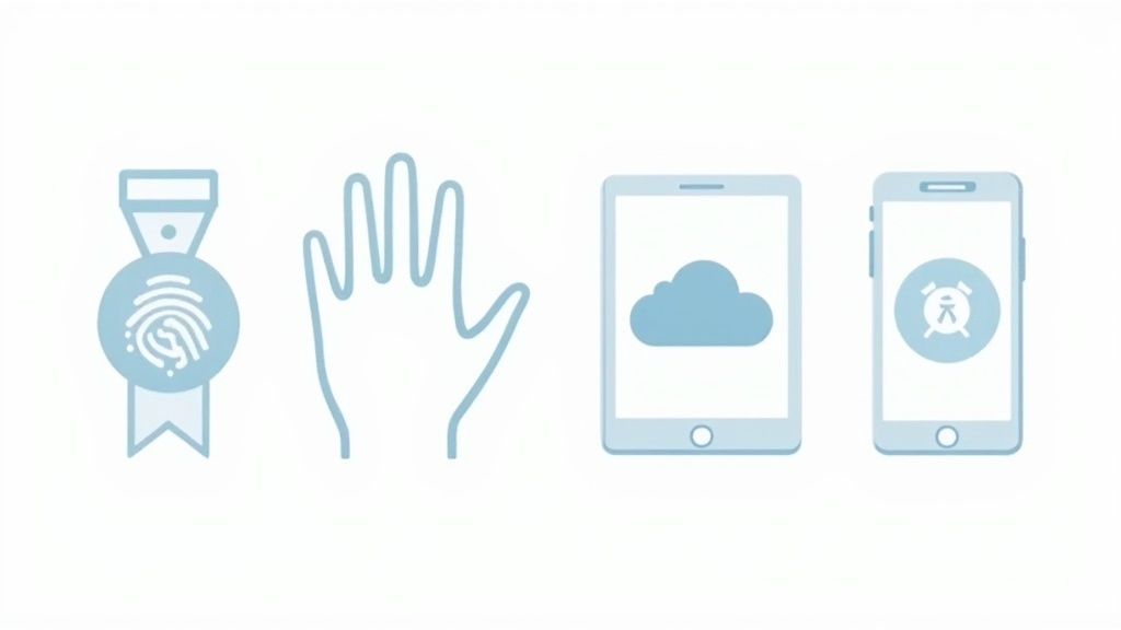 Plusieurs types de pointeuses, de la badgeuse physique à l'application mobile, présentés côte à côte.