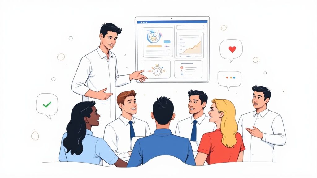 Une équipe souriante se réunit autour d'une tablette, symbolisant une adoption réussie de la nouvelle pointeuse.