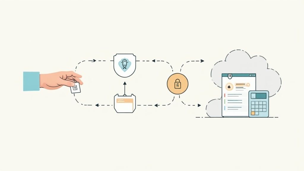 Illustration montrant le processus de fonctionnement d'une pointeuse digitale avec des icônes de badge, de données et de logiciel