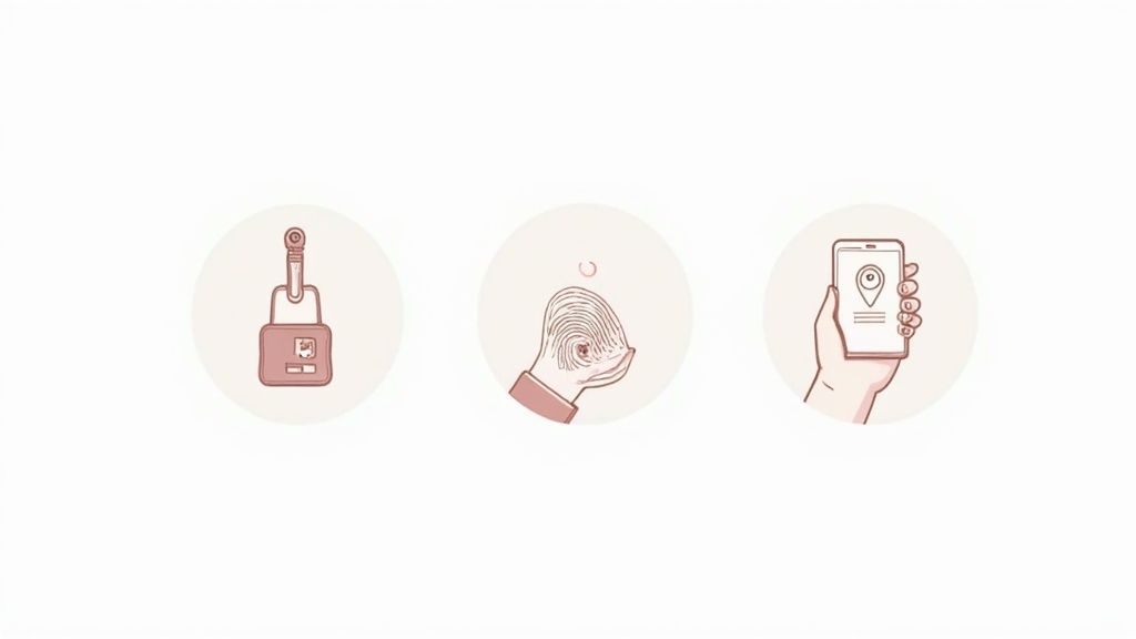 Trois icônes représentant un badge, une empreinte digitale et un téléphone mobile pour comparer les technologies de pointage.