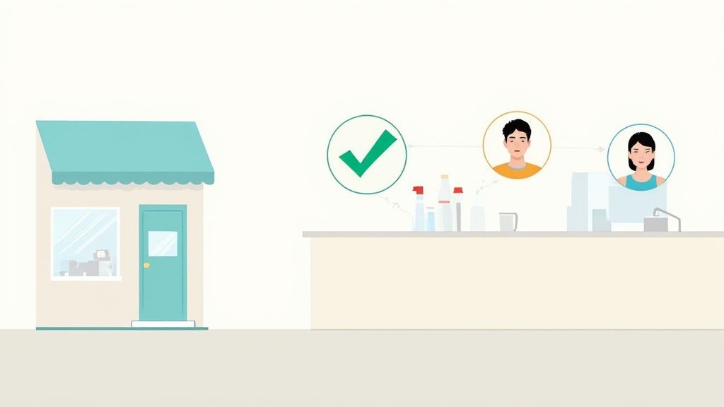 Una gerente de tienda sonriendo mientras revisa datos de productividad en una tablet, con empleados atendiendo a clientes en el fondo.