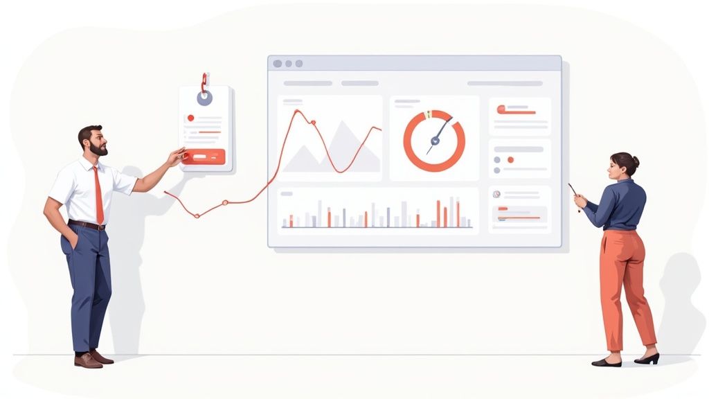 Un manager vérifiant les horaires sur une tablette dans un café, illustrant l'usage d'une badgeuse horaire moderne.