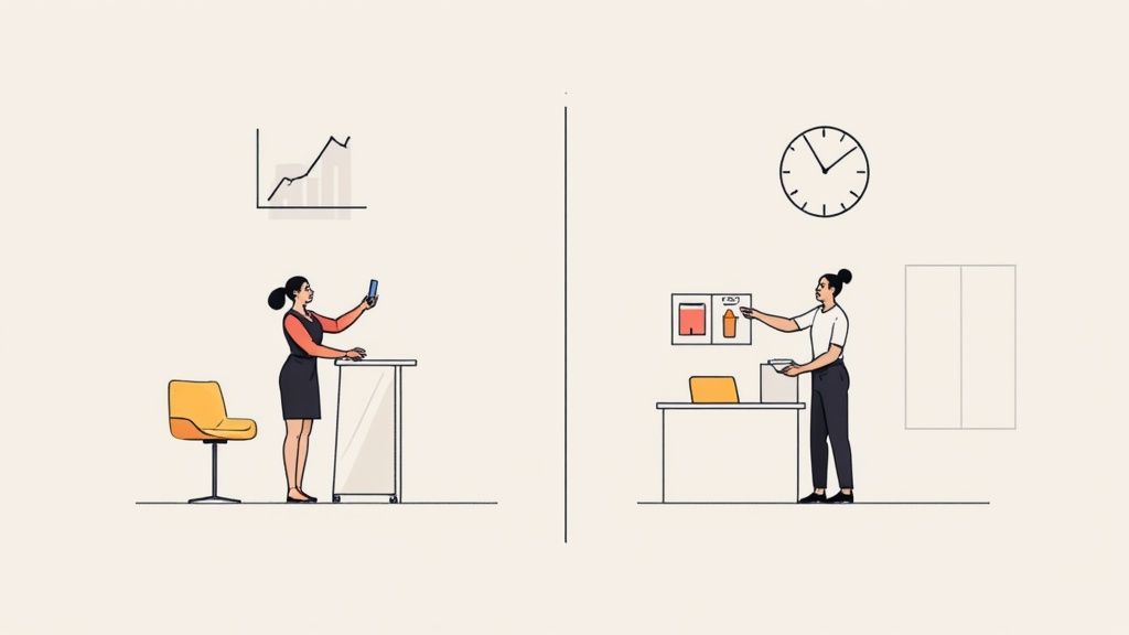 Un manager dans un magasin de retail utilisant une tablette pour la gestion du personnel, illustrant les avantages d'une badgeuse horaire.