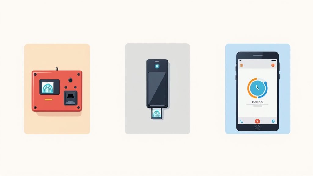 Une main utilisant une badgeuse horaire mobile sur une tablette, démontrant la technologie moderne de pointage.