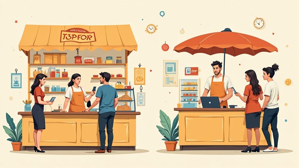 Un manager de restaurant utilisant une tablette pour gérer les plannings et les pointages de son équipe en plein service.