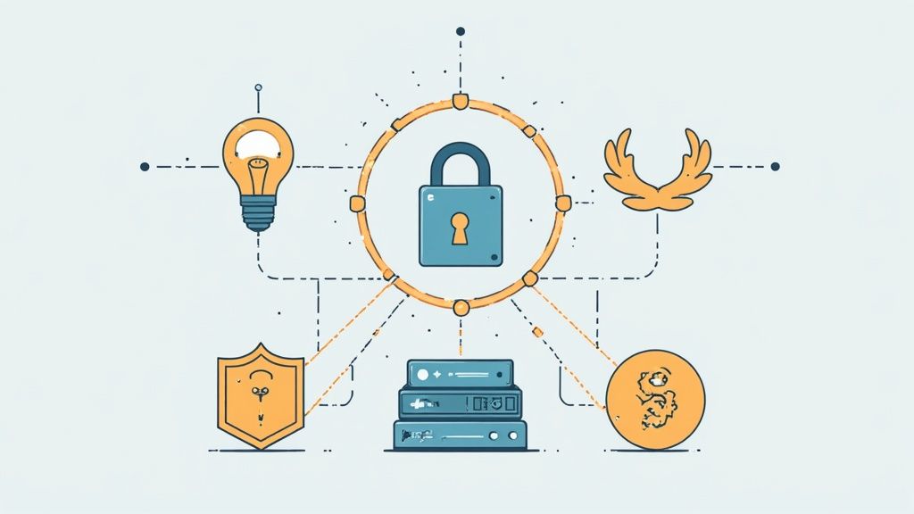 Illustration conceptuelle de la sécurité numérique montrant un cadenas central connecté à divers symboles technologiques