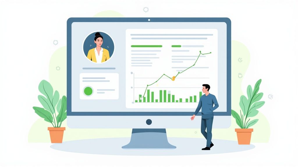 Profesional analizando gráficos de datos y estadísticas de productividad en pantalla de computadora digital