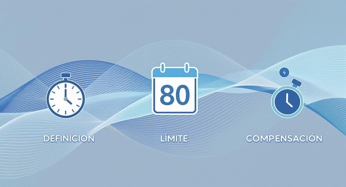Ilustración que muestra definición, límite de 80 horas y compensación para cálculo de horas extras laborales