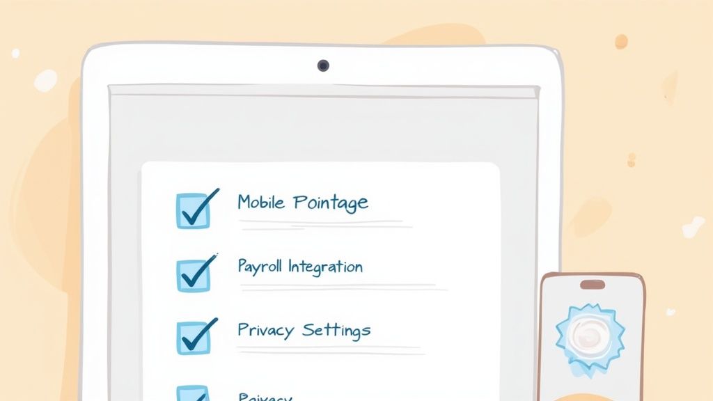 Tablette affichant une liste de configuration incluant pointage mobile, intégration paie et paramètres de confidentialité