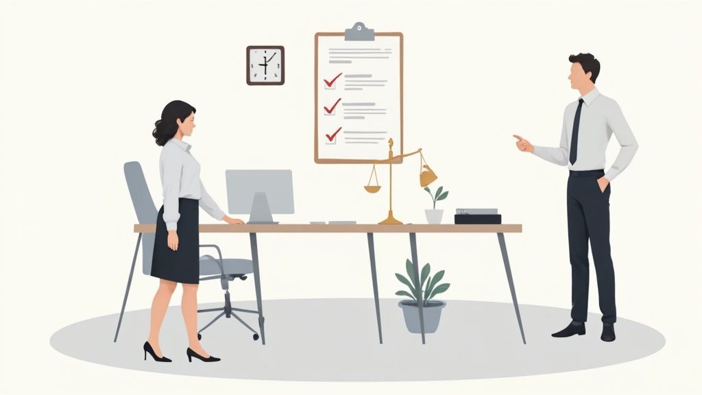 Deux professionnels en réunion discutant d'une liste de contrôle et de réglementation au bureau