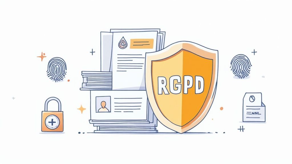 Illustration du règlement RGPD avec bouclier de protection des données personnelles et documents de conformité