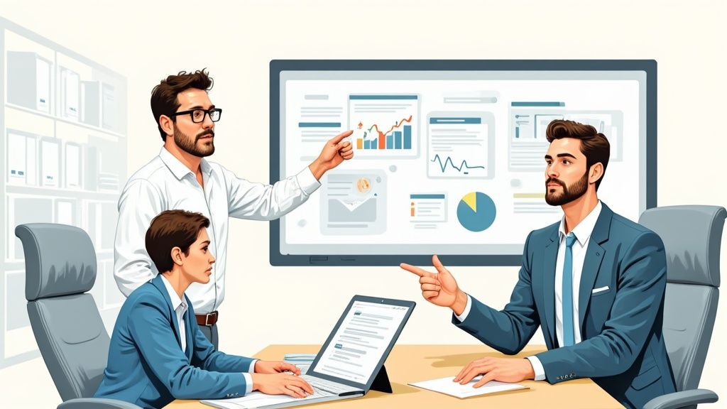 Equipo de profesionales en reunión de negocios analizando gráficos y datos en presentación corporativa