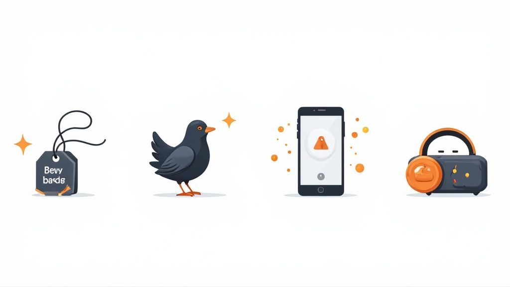 Illustration représentant badge pointeuse, oiseau, smartphone avec notification et cadenas symbolisant sécurité et conformité