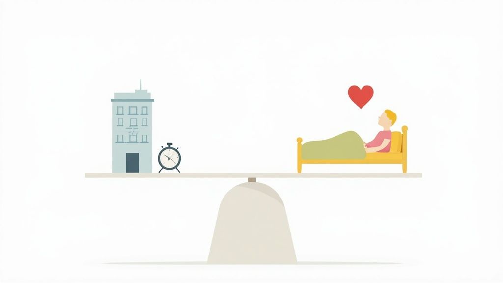 Ilustración de balanza equilibrando edificio de oficina con reloj y persona descansando en cama con corazón