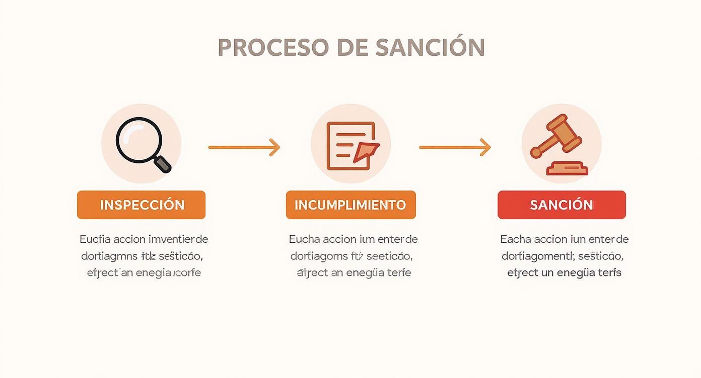 Diagrama del proceso de sanción laboral mostrando tres etapas: inspección, incumplimiento y sanción con iconos ilustrativos