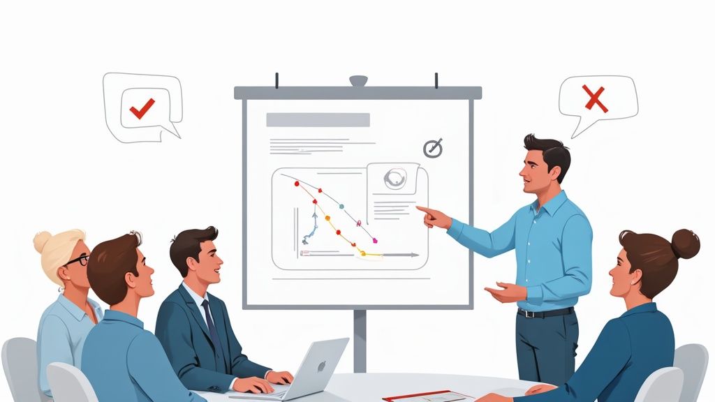 Une réunion d'affaires où un homme présente un graphique sur un écran à ses collègues, avec des bulles de discussion indiquant l'approbation et le désaccord.