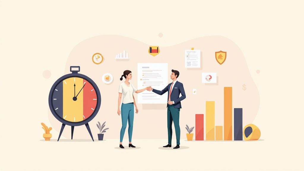 Accord professionnel avec suivi du temps: deux personnes se serrant la main, entourées de symboles d'entreprise.