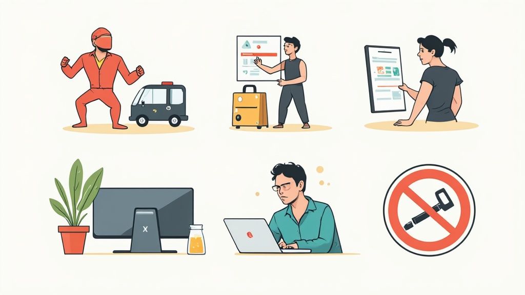 Illustrations variées de personnes travaillant et interagissant avec des écrans, et un panneau d'interdiction de vapotage.