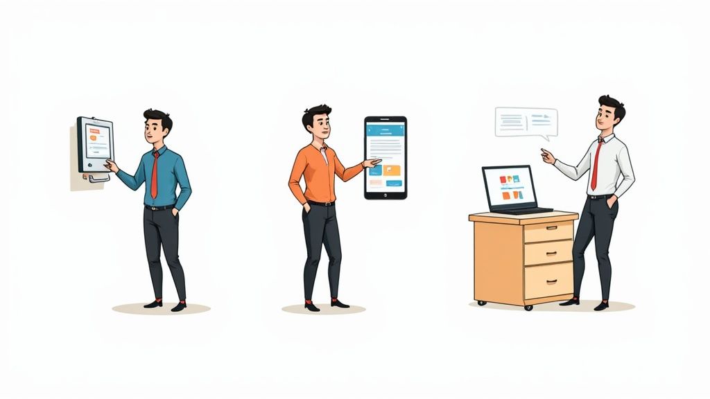 Illustration de trois hommes utilisant une badgeuse murale, un smartphone et un ordinateur portable pour la gestion du temps.