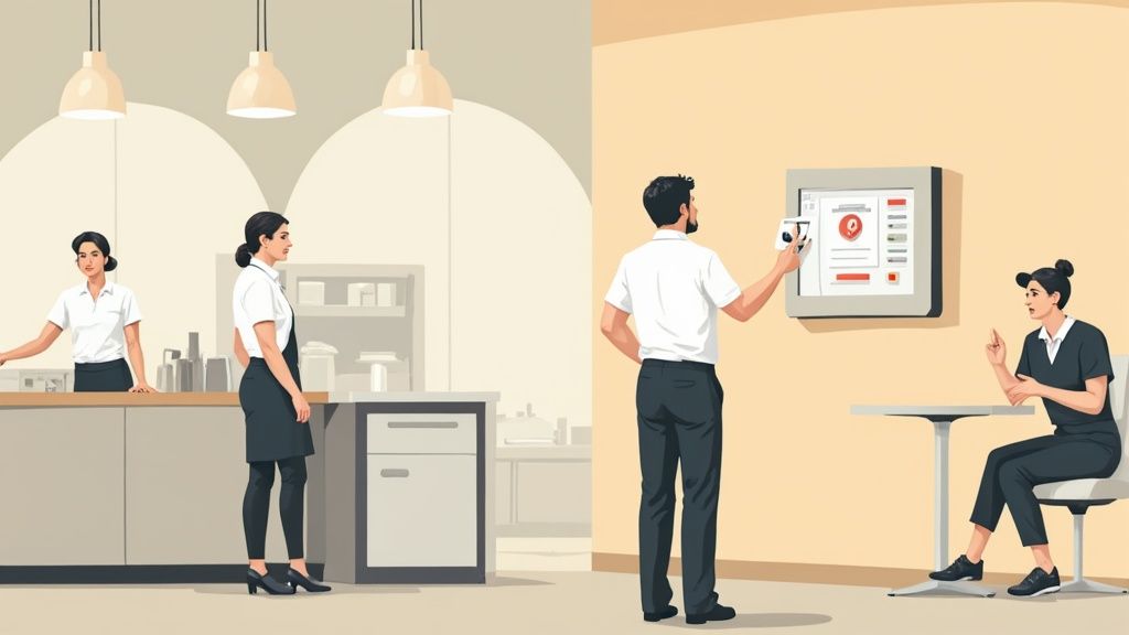 Deux scènes de travail : des employées dans un café et un homme utilisant une badgeuse murale, avec une femme assise.