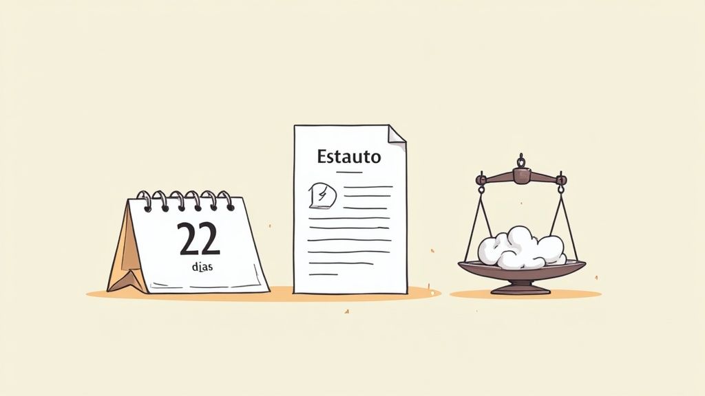 Ilustración de un calendario con 22 días, un documento de estatuto y una balanza.