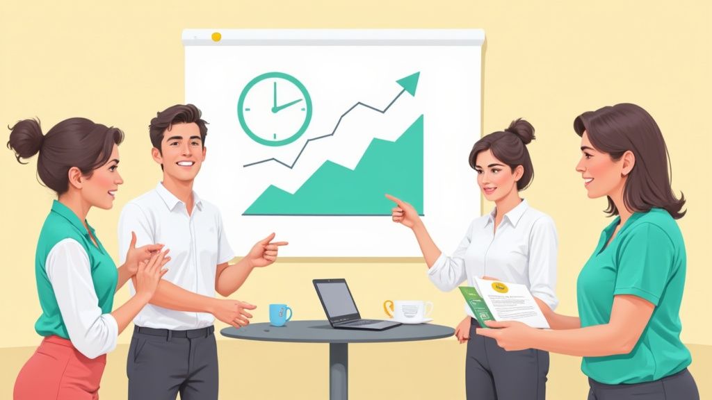 Quatre professionnels collaborent devant un tableau blanc affichant une horloge et un graphique de croissance.