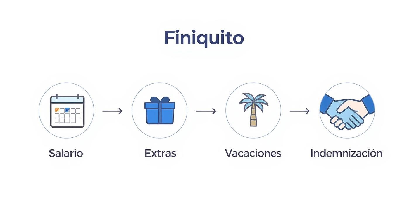 Diagrama que ilustra los componentes del finiquito: salario, extras, vacaciones e indemnización.