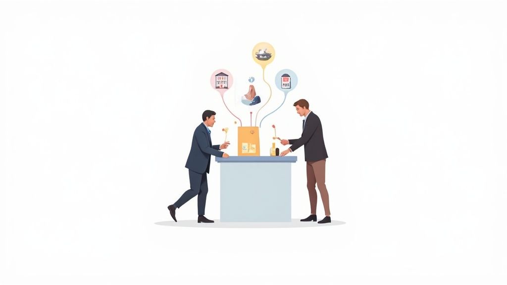 Deux hommes d'affaires interagissent avec une boîte sur une table, connectée à des icônes de ressources humaines et de gestion.