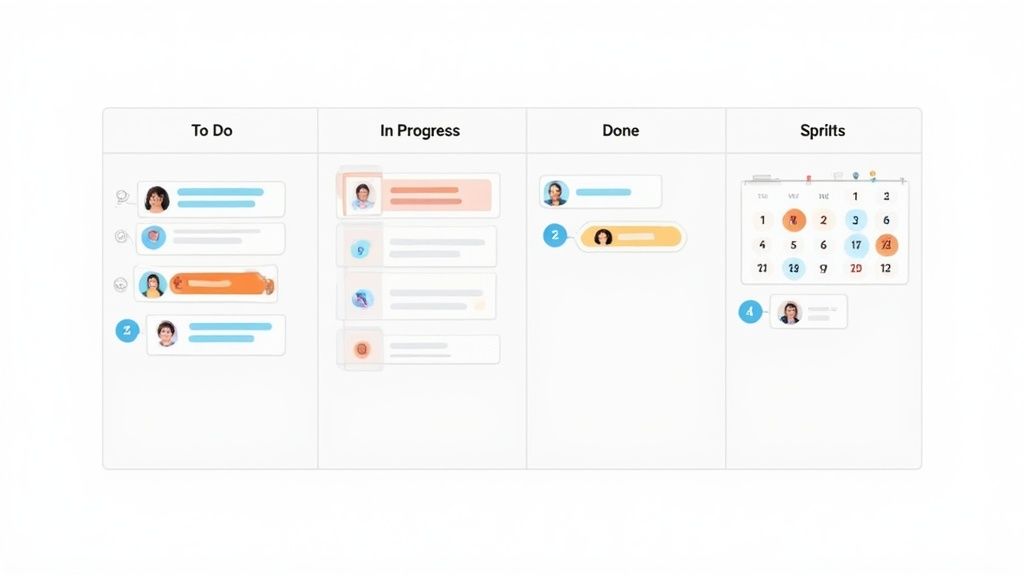 Tablero Kanban digital con columnas de tareas (Pendientes, En Curso, Hecho) y sección de Sprints con calendario.