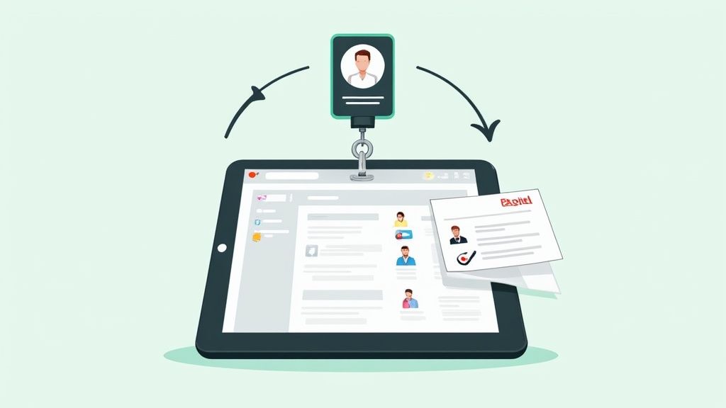 Une badgeuse numérique avec un profil d'employé est connectée à une tablette gérant les fiches de paie et les données du personnel.