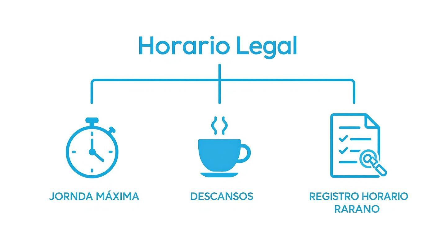 Representación visual del horario legal: jornada máxima, descansos y registro horario detallado.