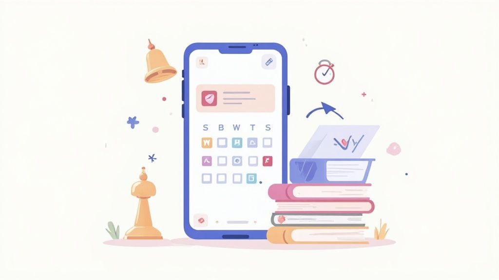 Una aplicación de horario en un teléfono inteligente junto a libros, una campana y un reloj, simbolizando organización y estudio.