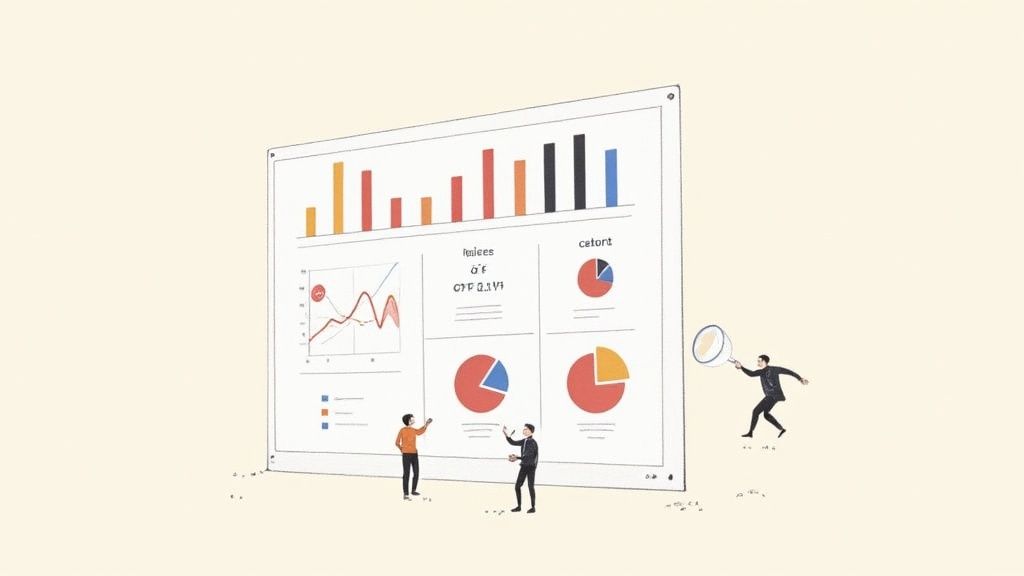 Des personnes analysant des données et des graphiques sur un grand tableau de bord numérique, avec une loupe.