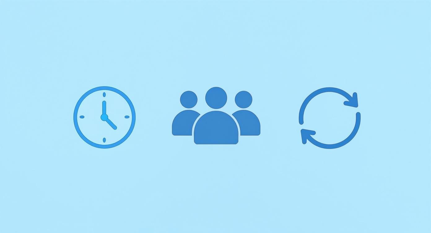 Iconos azules de reloj, tres personas y flechas circulares sobre fondo claro, representando turnos rotativos de trabajo.